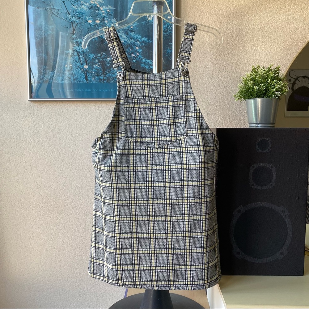 Grey plaid overalls dress